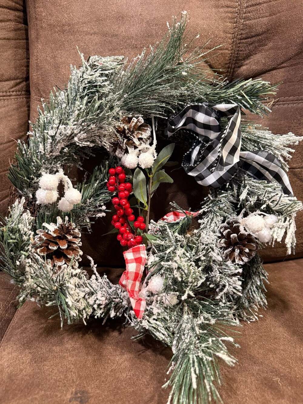 Unbranded Christmas Wreath 12-Inch Snowy Pinecone Buffalo Check